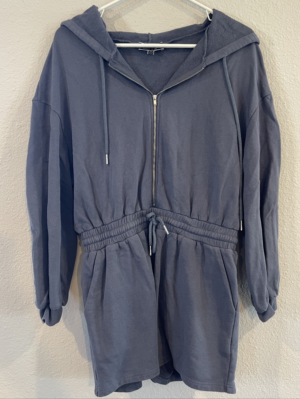 Blue Blush Womens Slate Blue Casual Hooded Half Zip Long Sleeve Shorts Romper M